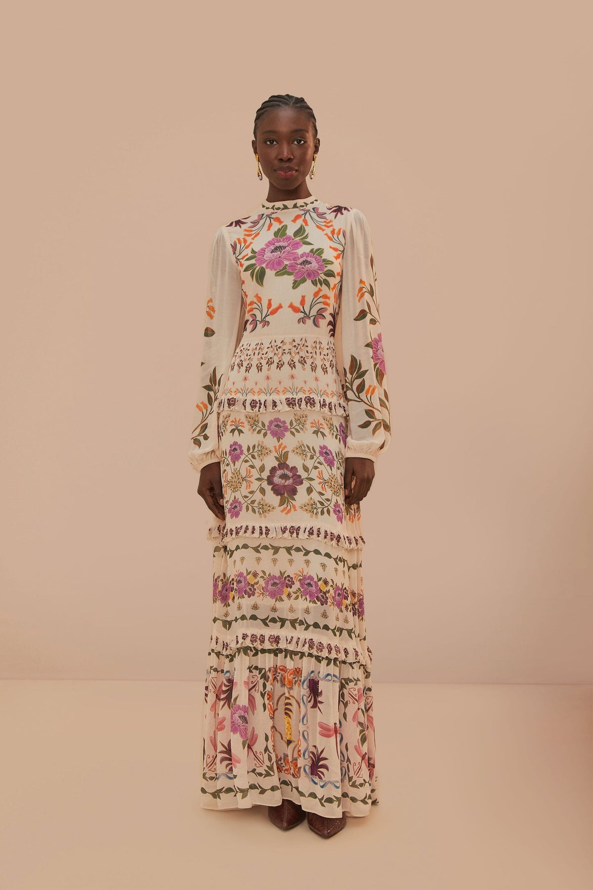 FARM Rio Cream Winter Garden Ruffle Maxi Dress