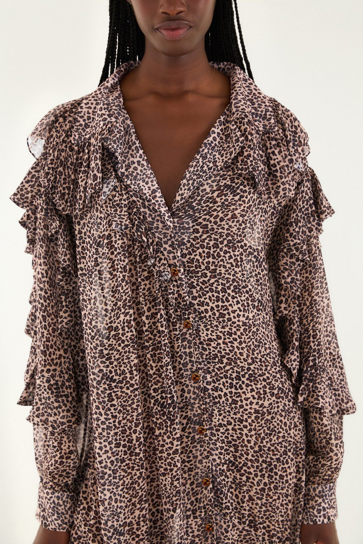 FARM Rio Pink Baby Leopard Long Sleeve Angled Frill Maxi Dress | FARM Rio