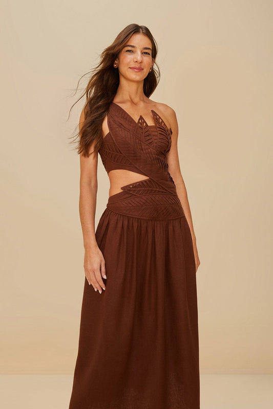FARM Rio Burgundy Leaves Cut-Out LENZING™ ECOVERO™ Euroflax™ Midi Dress