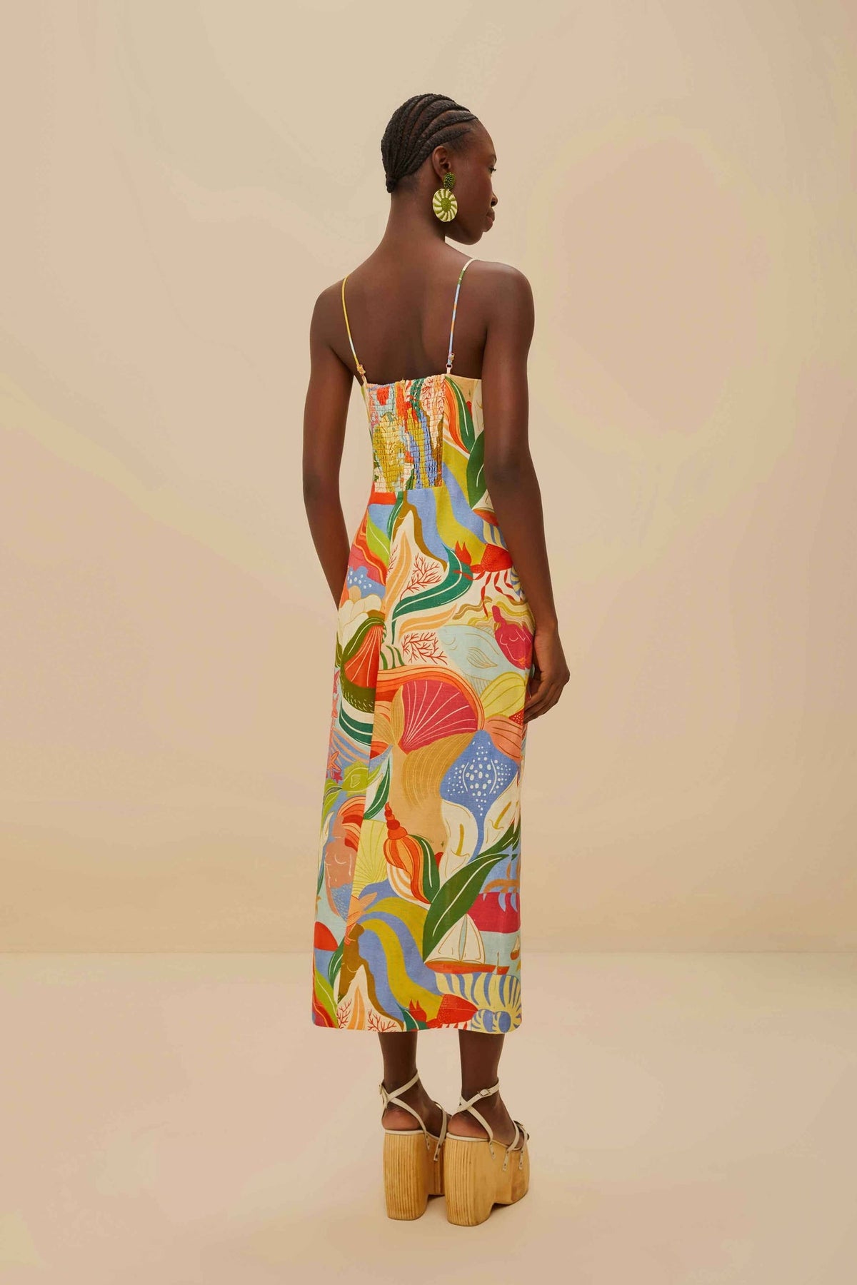FARM Rio Multicolor Ocean View Twisted Cups Euroflax™ Premium Linen Midi Dress