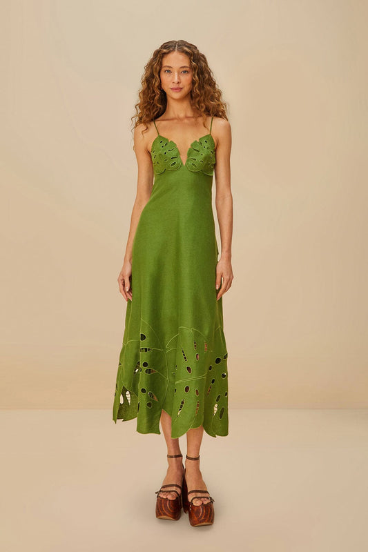 FARM Rio Green Monstera Embroidered Euroflax™ Premium Linen Midi Dress