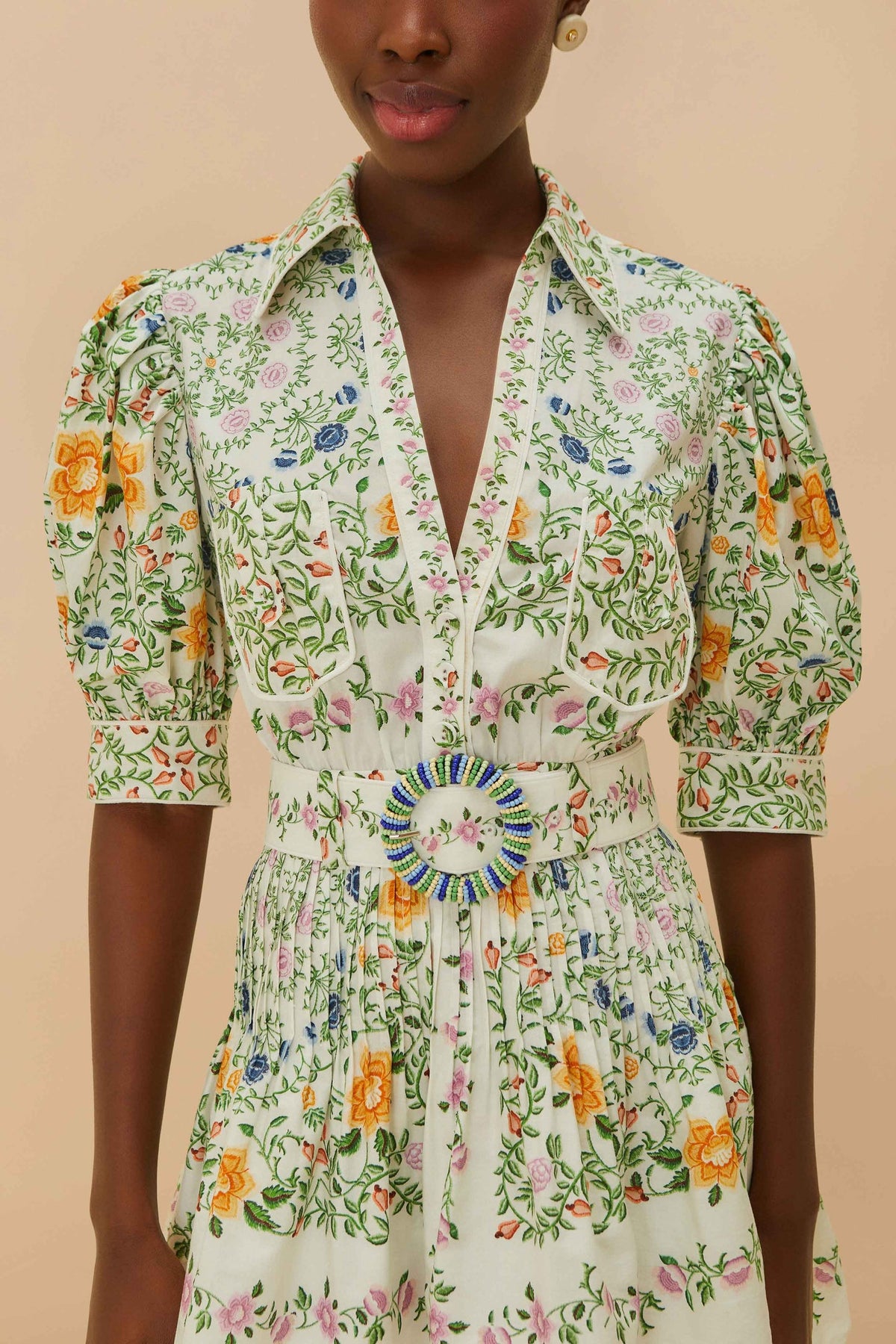 FARM Rio Off-White Folk Floral Short Sleeve Mini Dress