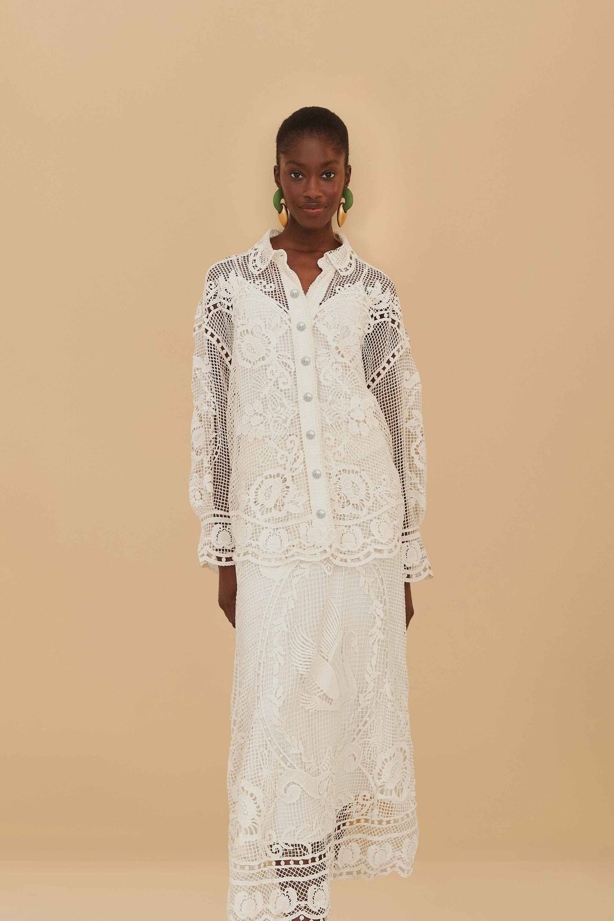 FARM Rio Off-White Swan Lake Guipure Midi Skirt