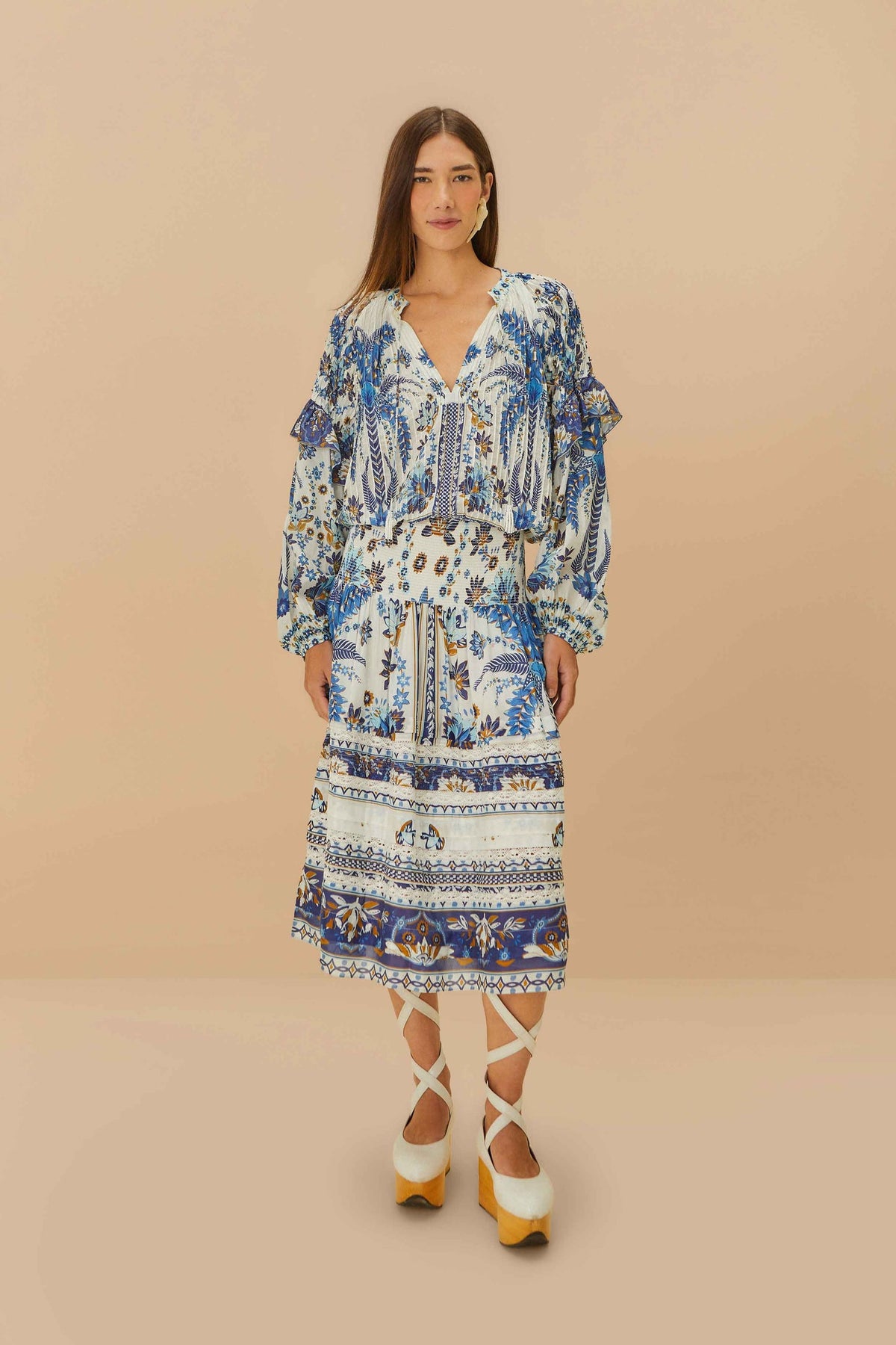 FARM Rio Off-White Ana Tapestry Organic Cotton Midi Skirt