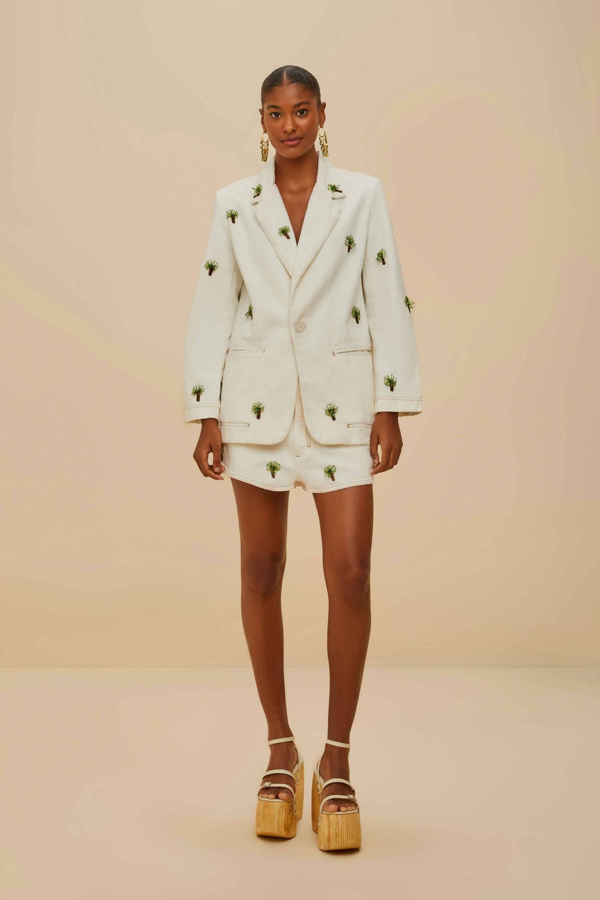 FARM Rio Off-White Embroidered Coconut Tree Shorts